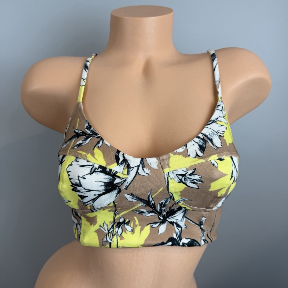 Torn by Ronny Kobo Small Floral Bustier Crop Top Neon Yellow Brown White Y2K
